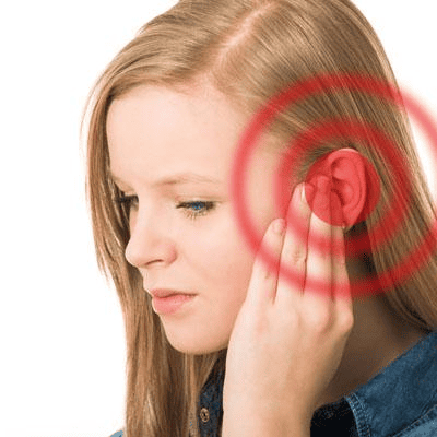 oung woman holding her ear with red rings showing ear pressure from sinus problems