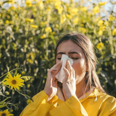 Woman blowing her nose with a tissue near yellow flowers, a sign of fall allergies and sinus congestion